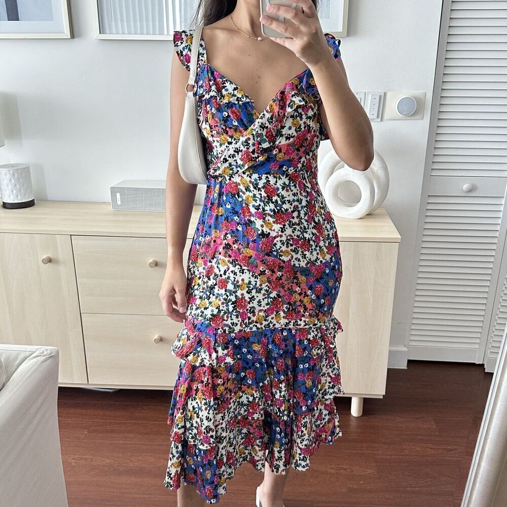 Majorelle Nolita Dress Womens‎ Large Midi Floral Dress Patchwork Revolve Ruffle